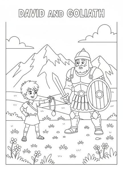 Junger David, David Goliath Goliath fällt Ausmalbild für Kinder im Alter von 5-10 Jahren