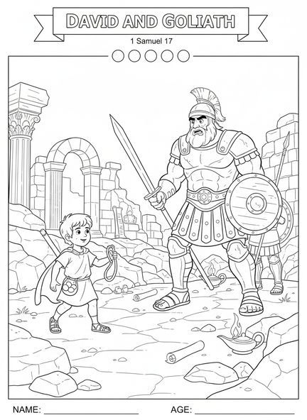 David mit der Schleuder, David Goliath Goliath fällt Ausmalbild für Sonntagsschule Kinder im Alter von 5-12 Jahren