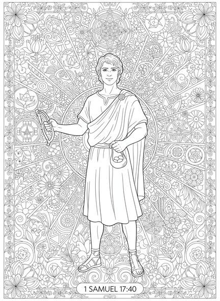 David mit Schleuder, Ausmalbild von David und Goliath im Stil des Bibel-Journalings für Erwachsene.
