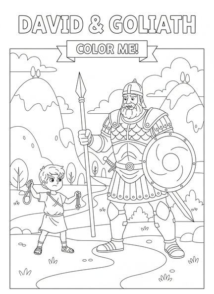 David mit der Schleuder, Ausmalbild von David und Goliath für Kinder im Alter von 5-10 Jahren