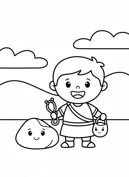 Lächelnder David, David und Goliath Malvorlage für Vorschulkinder im Alter von 3-5 Jahren