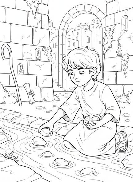 David wählt Steine aus, Ausmalbild von David und Goliath für Sonntagsschulkinder im Alter von 5-12 Jahren.
