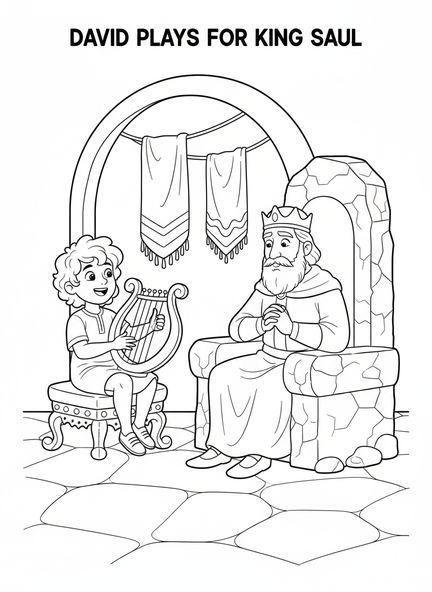 David con arpa, página para colorear de David Rey tocando el arpa para Saúl para niños de 5 a 10 años