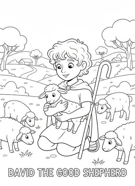 David prenant soin d'une brebis, David Roi David avec couronne page à colorier pour enfants de 5 à 10 ans