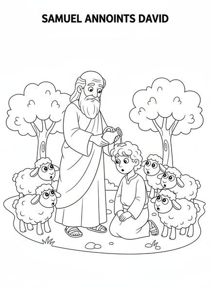 Samuel derramando aceite, página para colorear de Samuel ungiendo a David para niños de 5 a 10 años.