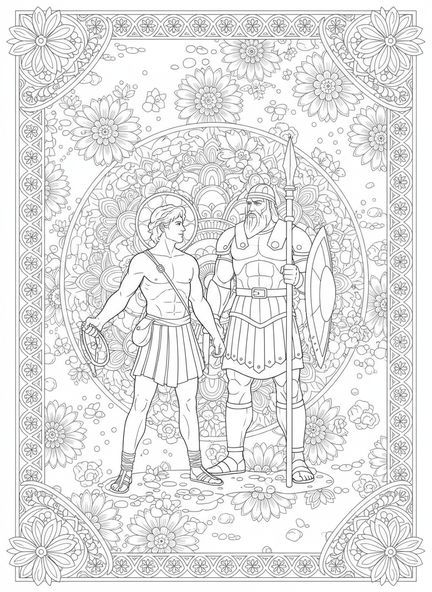 David avec sa fronde et des pierres, page à colorier de David Roi pour le journal biblique pour adultes.