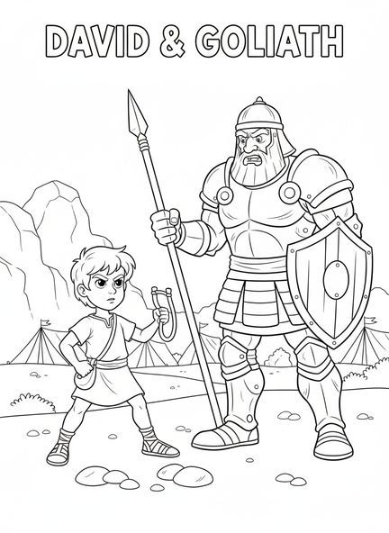 David avec une fronde, page à colorier David Roi pour enfants de 5 à 10 ans