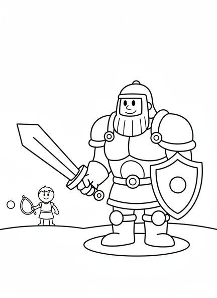 Goliath en armure, page à colorier de David Roi pour les enfants d'âge préscolaire de 3 à 5 ans.
