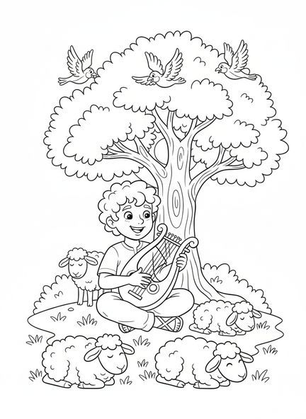 David con arpa, página para colorear de David tocando el arpa para niños de 5 a 10 años.