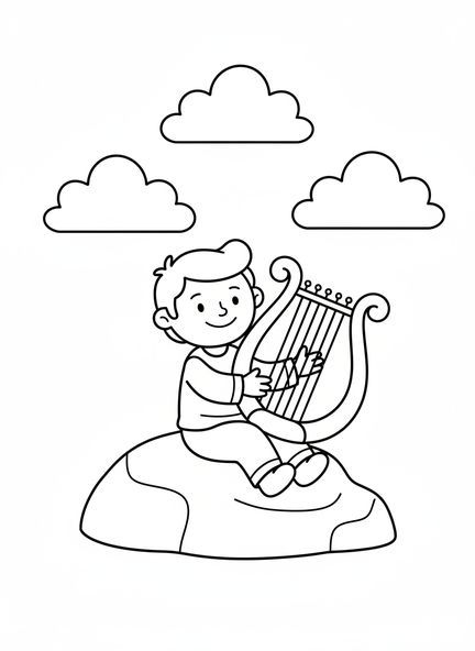 David sonriente, página para colorear de David tocando el arpa para niños en edad preescolar de 3 a 5 años.