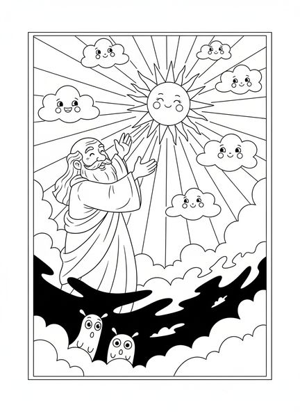 Sol brillante con nubes, Días de la Creación, página para colorear para niños de 5 a 10 años