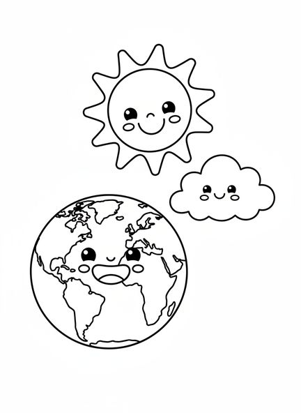 Sol sonriente y tierra, Días de la Creación, página para colorear para niños de 3 a 5 años.