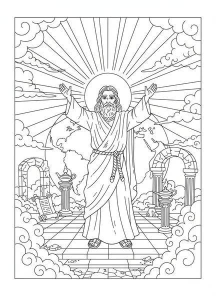 Dios creando la luz, página para colorear sobre los Días de la Creación para niños de 5 a 12 años en la Escuela Dominical