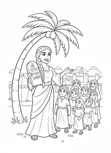 Deborah spricht zu den Israeliten, Ausmalbild von Deborah, der Richterin und Anführerin, für Kinder im Alter von 5-10 Jahren.