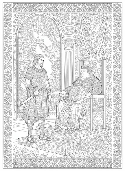 Ehud confrontant le roi Églon, page à colorier Ehud pour le journal biblique pour adultes.