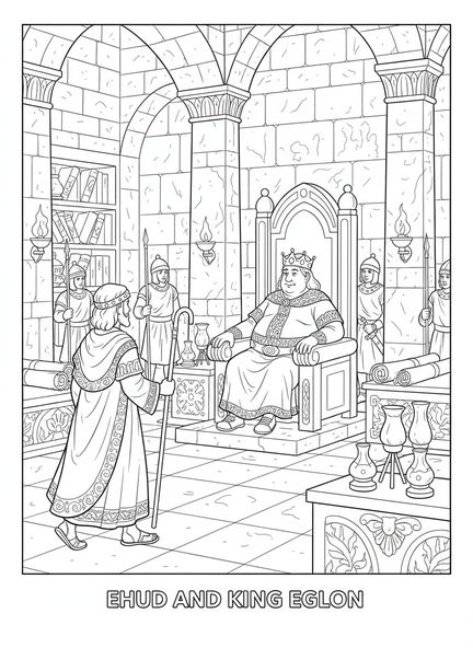 Ehud s'approchant du roi Églon, page à colorier pour les enfants de l'École du dimanche âgés de 5 à 12 ans.