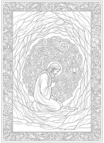 Elia betet in einer Höhle, Ausmalbild von Elia in der Höhle, stiller Stimme für Erwachsene im Bibel-Journaling-Stil.