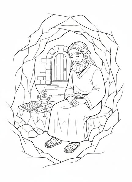 Elías sentado en una cueva, página para colorear de Elías en la Cueva y la Voz Suave para niños de Escuela Dominical de 5 a 12 años.