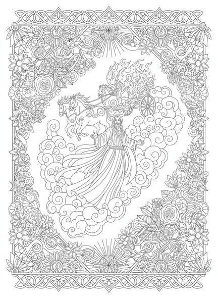 Élie dans un char, page à colorier Élie pour adultes dans le style du journal biblique.