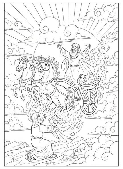 Char de feu avec des chevaux, page à colorier sur Élie pour les enfants de 5 à 10 ans