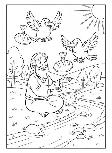 Élie avec des corbeaux, page à colorier Élie nourri par des corbeaux pour les enfants de 5 à 10 ans.