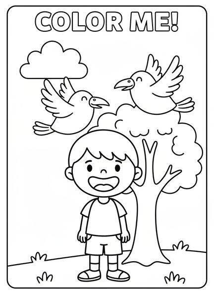 Élie souriant, page à colorier Élie nourri par des corbeaux pour les enfants d'âge préscolaire de 3 à 5 ans.