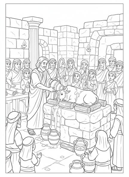 Elías preparando el altar, página para colorear de Elías y el Fuego del Cielo para niños de Escuela Dominical de 5 a 12 años.