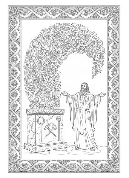 Elias ao lado do altar, página para colorir de Elias no Monte Carmelo para adultos no estilo de diário bíblico.
