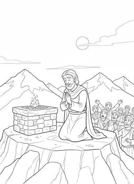 Elia betet auf dem Berg Karmel, Ausmalbild von Elia für Kinder im Alter von 5-10 Jahren.