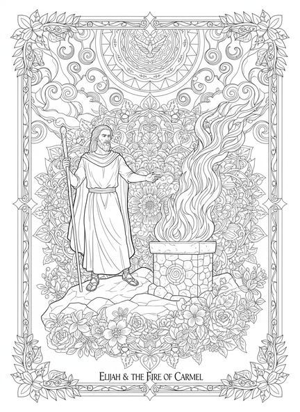 Elia steht auf dem Berg Karmel, Ausmalbild für Erwachsene im Bibel-Journaling-Stil.