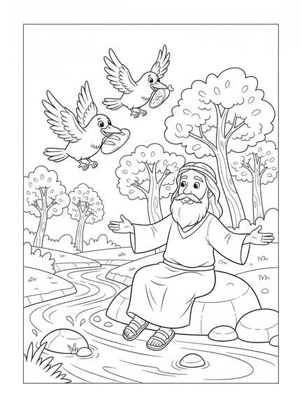 Elia sitzt an einem Bach, Ausmalbild für Kinder im Alter von 5-10 Jahren über den Propheten Elia.