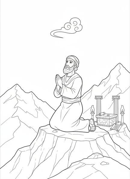 Elia kniet im Gebet, Ausmalbild des Propheten Elia für die Sonntagsschule für Kinder im Alter von 5-12 Jahren.