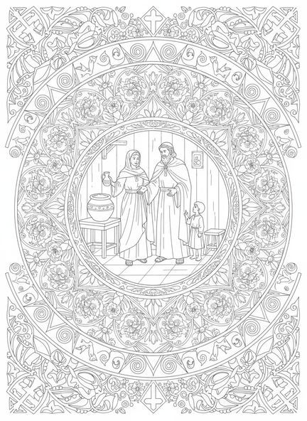 Elia trifft die Witwe, Ausmalbild von Elia für Erwachsene im Stil des Bibel-Journaling.