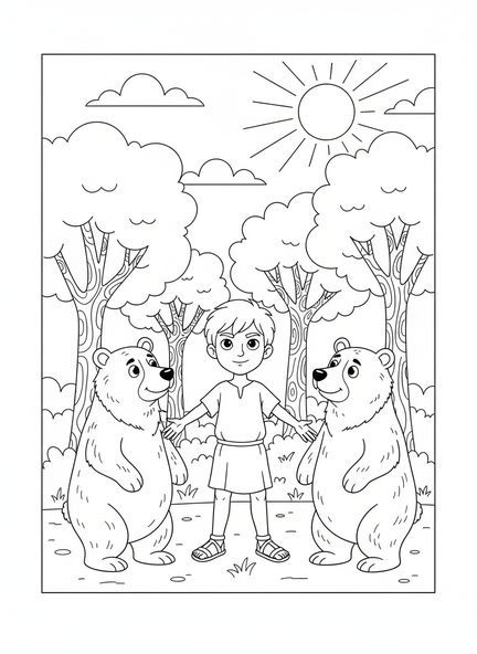 Élisée avec deux ours amicaux, page à colorier Élisée et les ours pour les enfants de 5 à 10 ans.