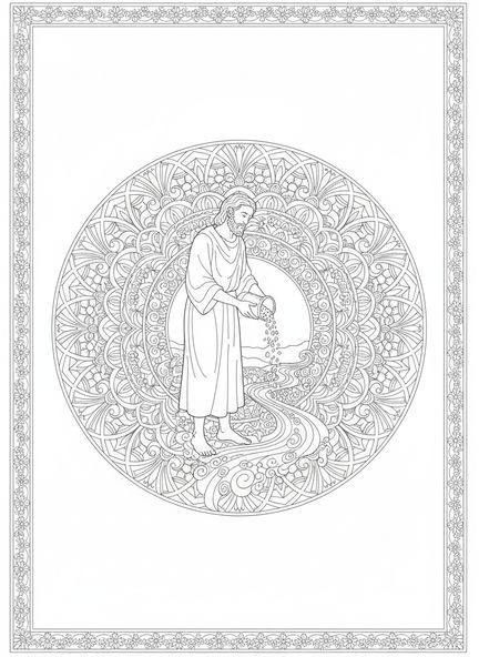 Elia salzt Wasser ein, Ausmalbild von Elia für Erwachsene im Bibel-Journaling-Stil.