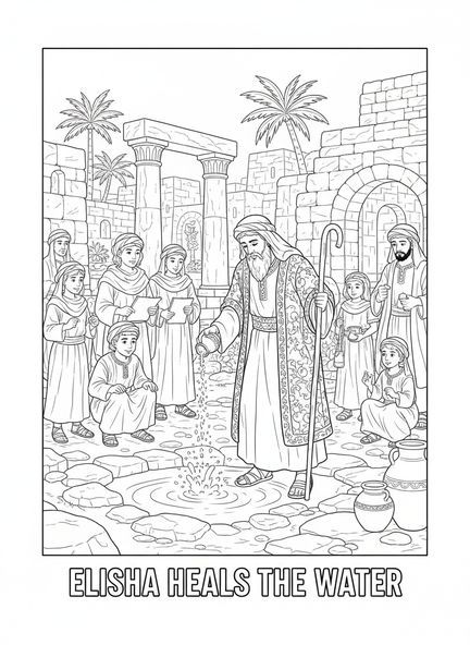 Elia, der Salz ins Wasser gießt, Ausmalbild für die Sonntagsschule für Kinder im Alter von 5-12 Jahren.