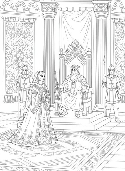 Esther acercándose al Rey Jerjes, página para colorear de Esther ante el Rey para niños de 5 a 10 años
