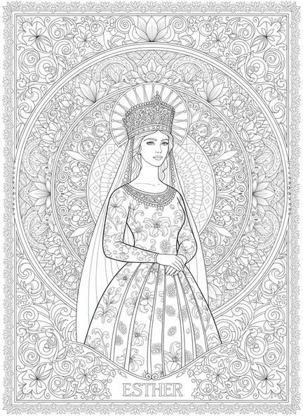 Esther couronnée, page à colorier de la Reine Esther pour le style de journal biblique pour adultes.