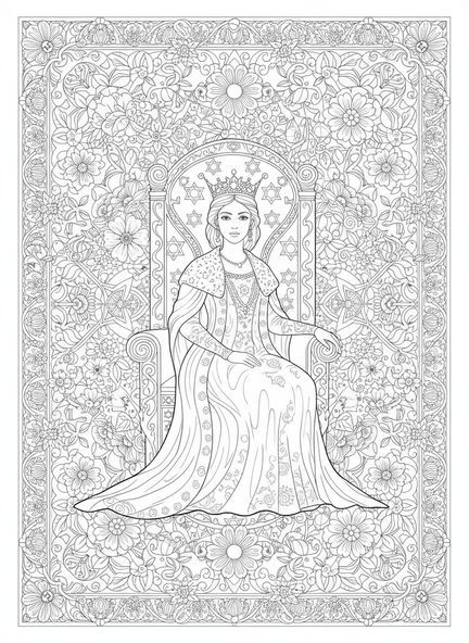 Esther auf dem Thron, Ausmalbild für Erwachsene im Bibel-Journaling-Stil