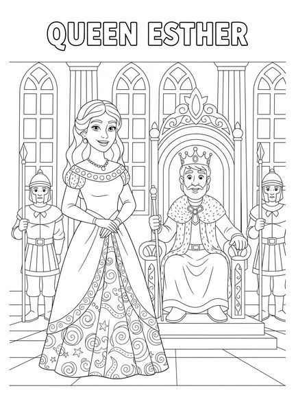 Esther im königlichen Gewand, Ausmalbild von Esther für Kinder im Alter von 5-10 Jahren