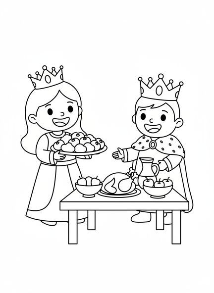 Esther sonriente con plato de banquete, página para colorear de Esther para niños de 3 a 5 años