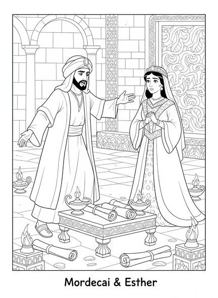Mardochée avertissant Esther, page à colorier Esther pour les enfants de l'École du dimanche âgés de 5 à 12 ans.
