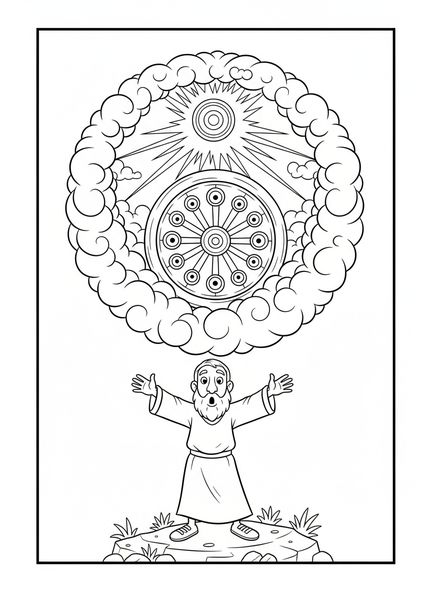 Ézéchiel témoignant d'une vision, page à colorier de la Roue d'Ézéchiel pour les enfants de 5 à 10 ans.