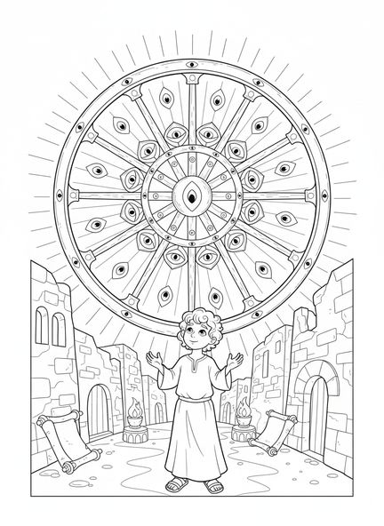 Ezechiel schaut auf ein Rad, Ausmalbild von Ezechiels Rad für die Sonntagsschule Kinder im Alter von 5-12 Jahren.