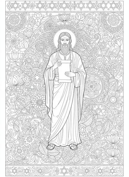 Esra hält eine Schriftrolle, Ausmalbild für Erwachsene im Bibel-Journaling-Stil.