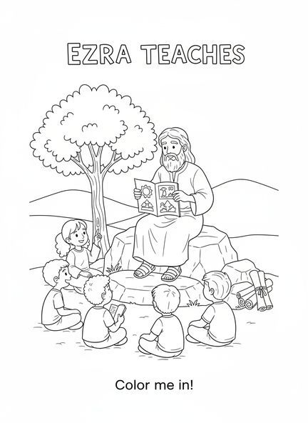 Esra unterrichtet Kinder, Ausmalbild von Esra für Kinder im Alter von 5-10 Jahren