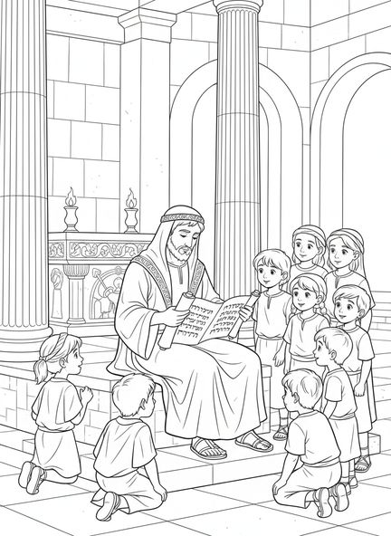 Esra liest Schriftrollen, Ausmalbild für Kinder in der Sonntagsschule im Alter von 5-12 Jahren.
