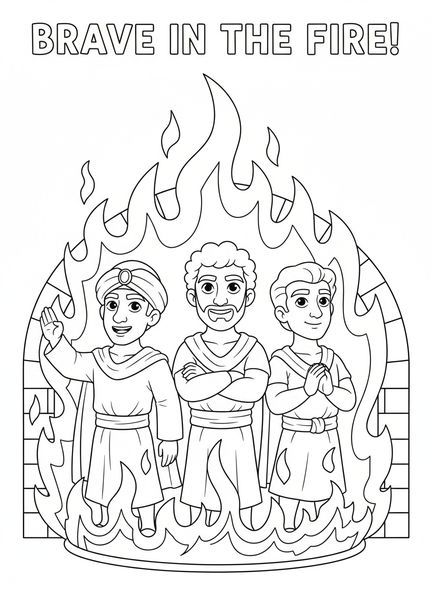 Tres hombres valientes, Cuarta figura en el horno de fuego, página para colorear para niños de 5 a 10 años