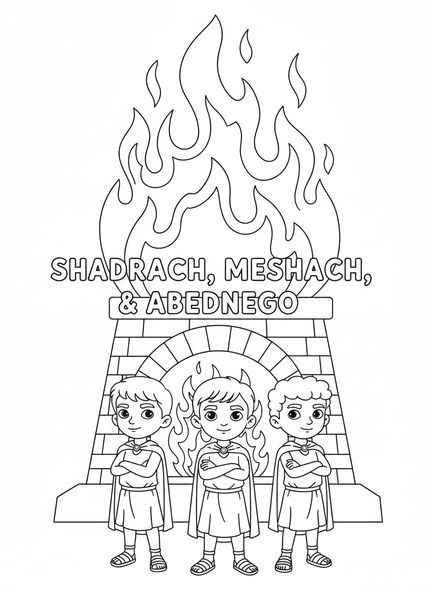 Tres amigos de pie valientemente, página para colorear de los Tres Amigos en el Horno de Fuego que se niegan a inclinarse para niños de 5 a 10 años