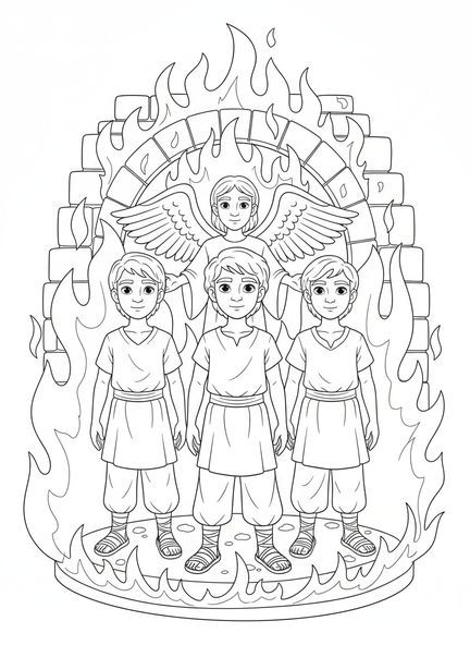 Tres jóvenes, página para colorear sobre el Horno de Fuego para niños de 5 a 10 años